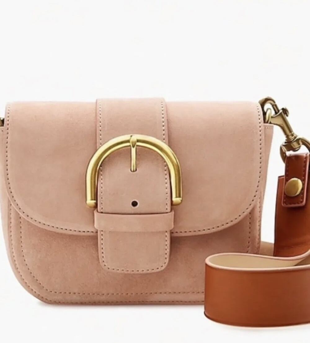 NWT J.Crew Italian Suede Buckle Crossbody Bag — Pink Blush Wide Strap Preppy
